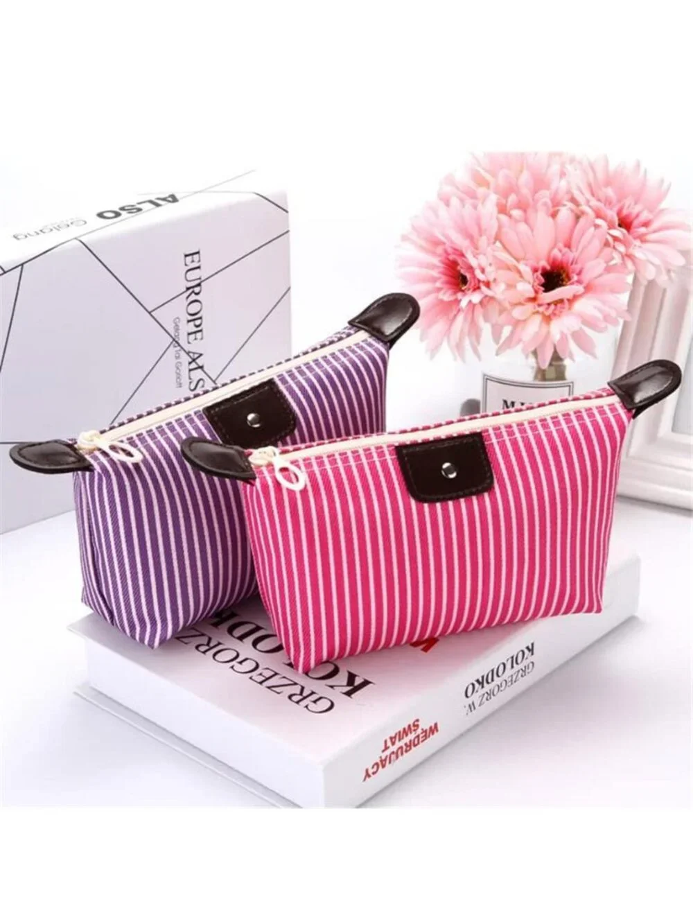 Striped Makeup Bag Cosmetic Organizer Travel Toiletry Pouch Waterproof Zipper